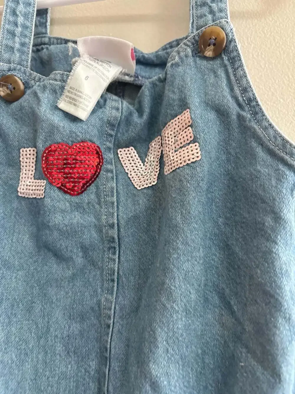 Little Lass Girls Denim Overall Dress Size 6 LOVE Sequin Heart